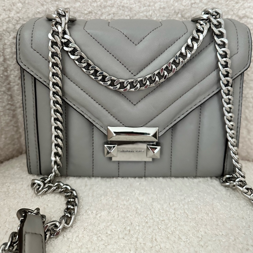 Super cute grey Michael Kors leather bag with silver chain